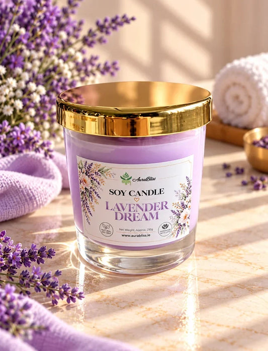 AuraBliss lavender dream handmade decorative soy candle in glass jar