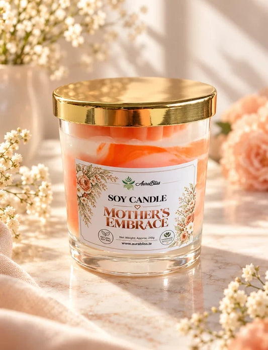 AuraBliss mothers embrace handmade decorative soy candle in glass jar