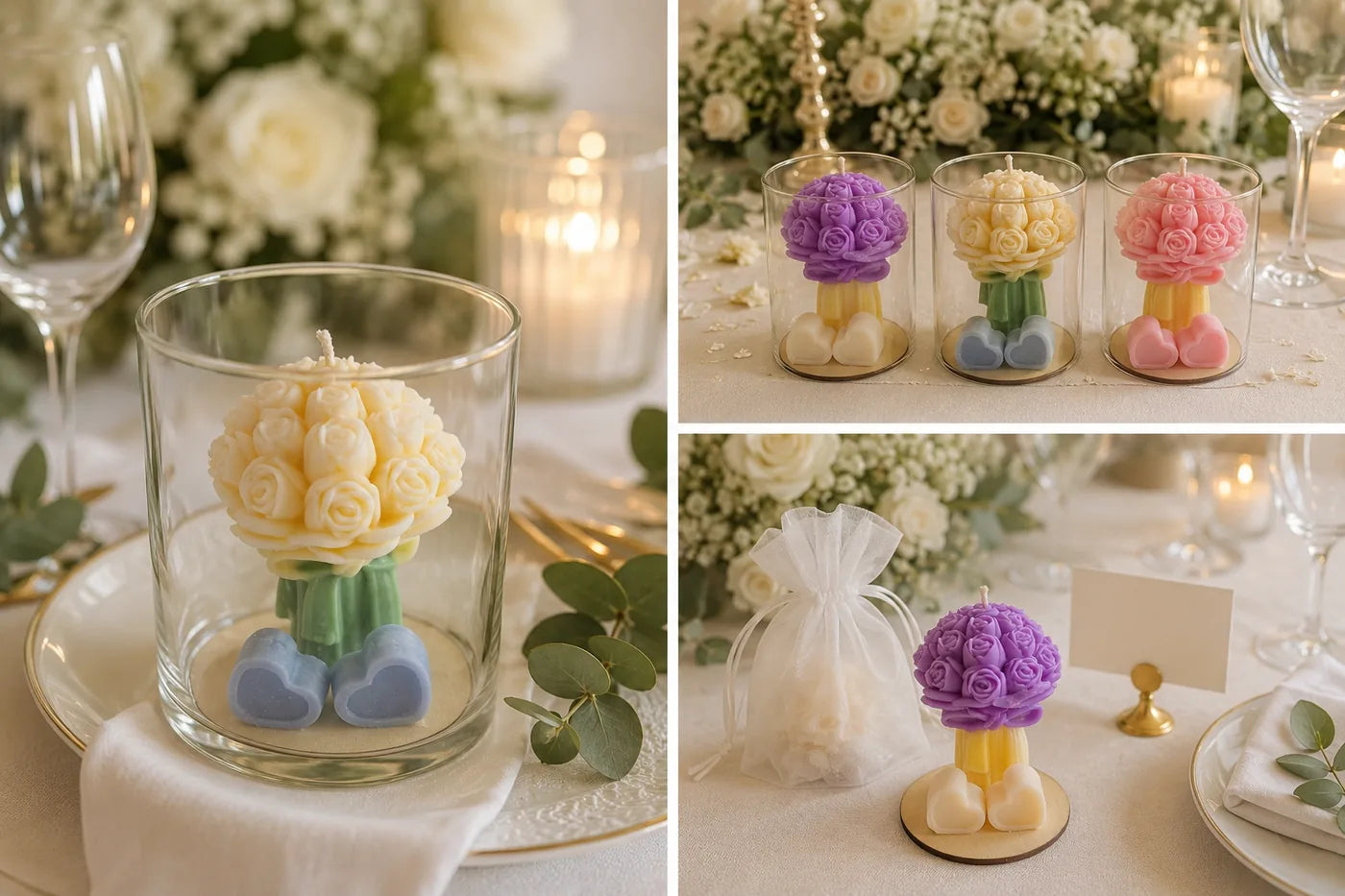 AuraBliss rose bouquet candles in assorted colours styled as wedding table favours