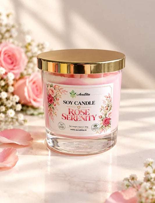 AuraBliss rose serenity handmade decorative soy candle in glass jar