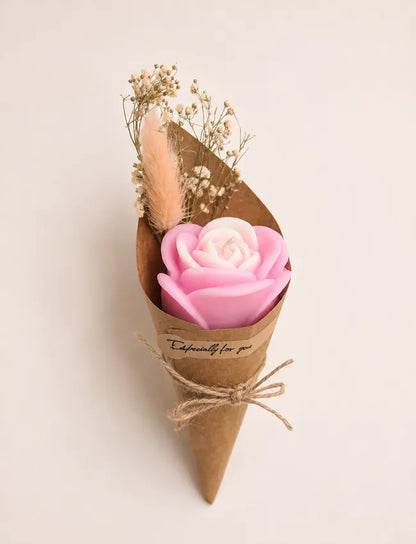 AuraBliss single rose wax bouquet with dried flowers in rustic kraft wrap