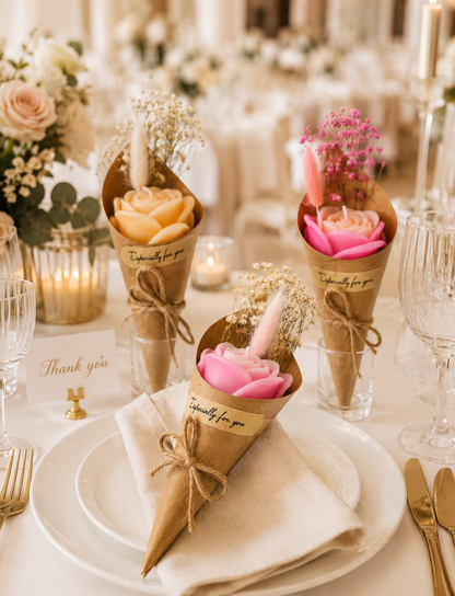 Single rose wax bouquet wedding favour styled on an elegant reception table