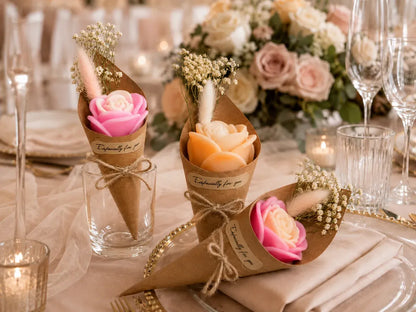 AuraBliss single rose wax bouquet gifts displayed at a wedding table setting