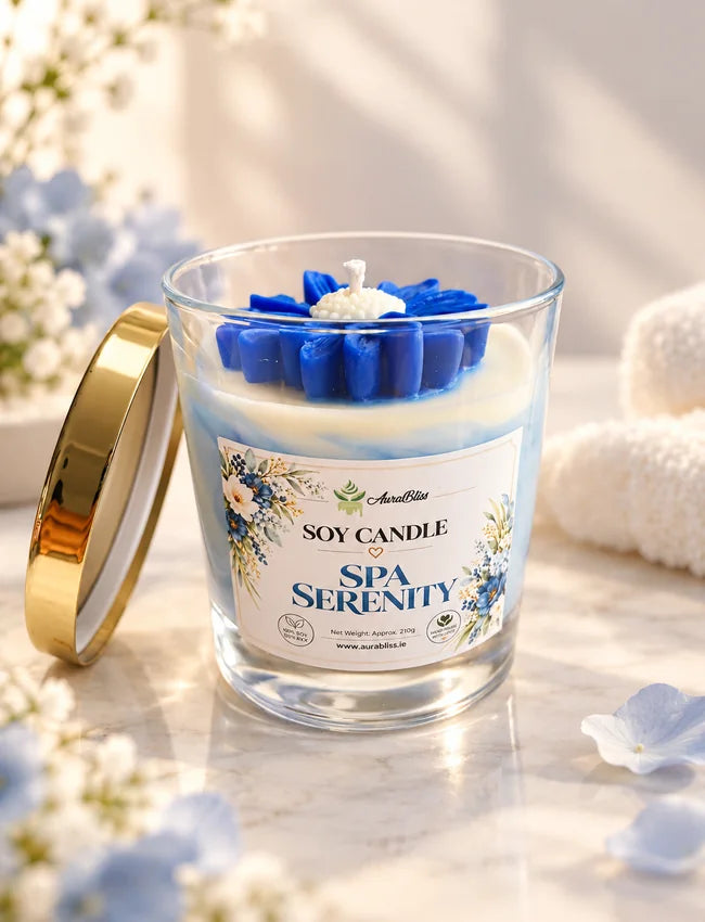Spa Serenity open glass jar candle with blue floral wax topper