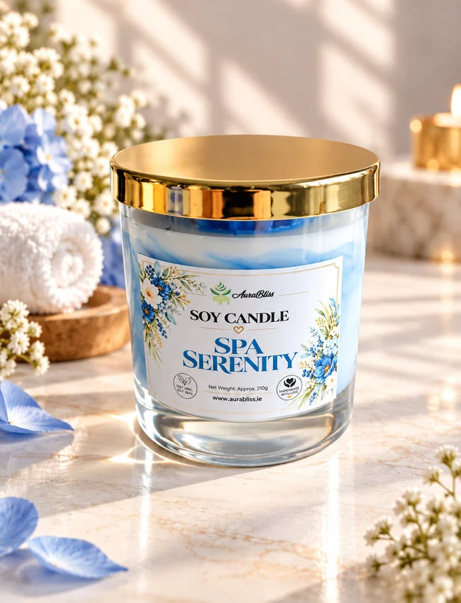 Spa Serenity lemongrass soy candle in glass jar with gold lid