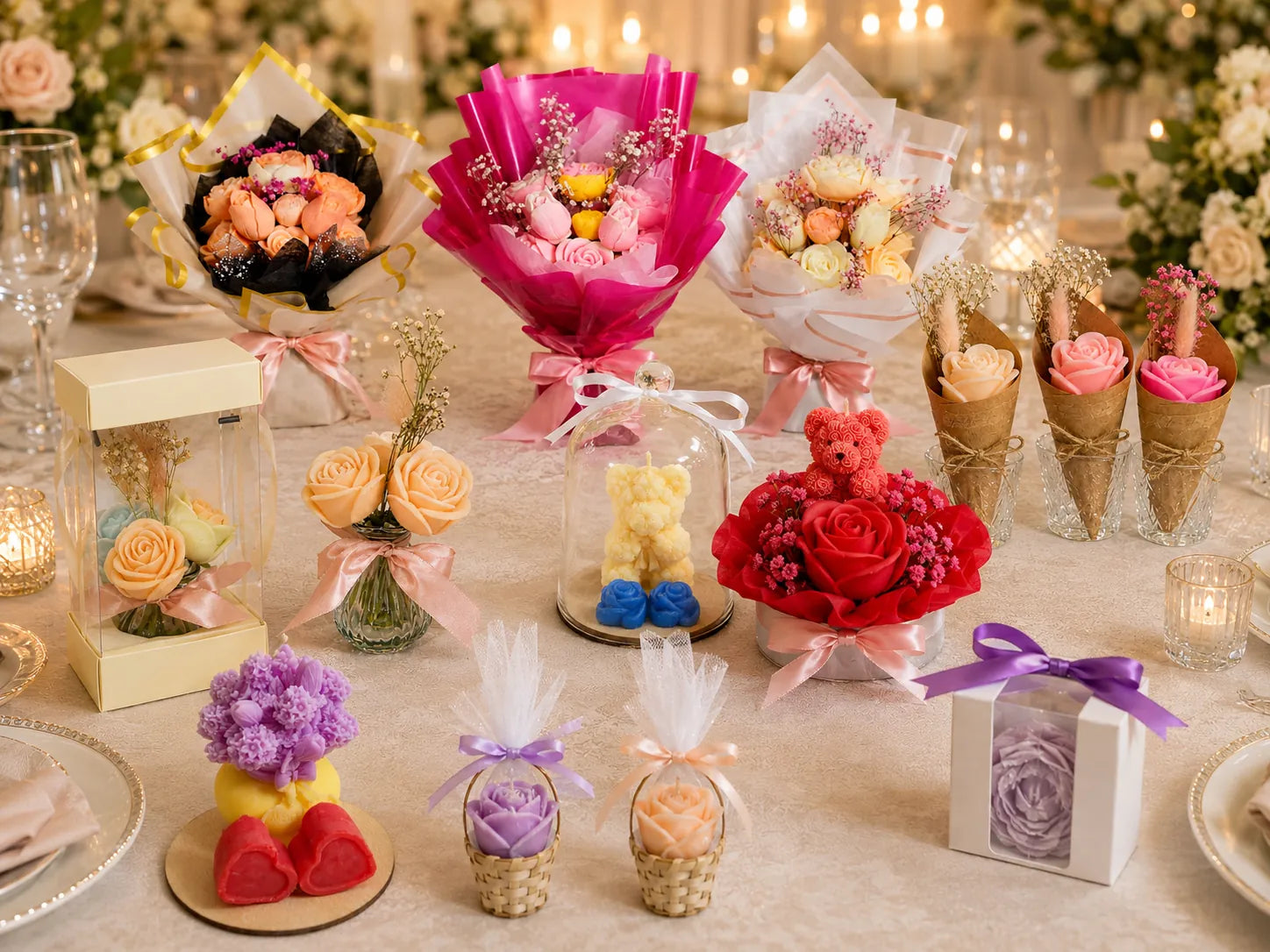 Handmade AuraBliss wedding favours, candle gifts and wax flower bouquets styled on an elegant wedding table in Ireland