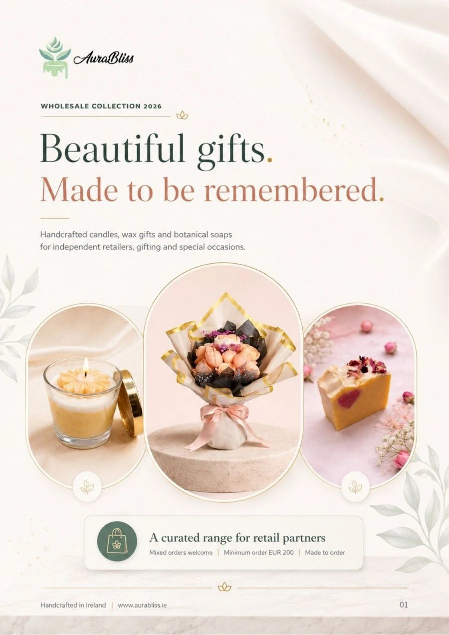 AuraBliss 2026 wholesale catalogue cover featuring candles, wax flower gifts and botanical soaps