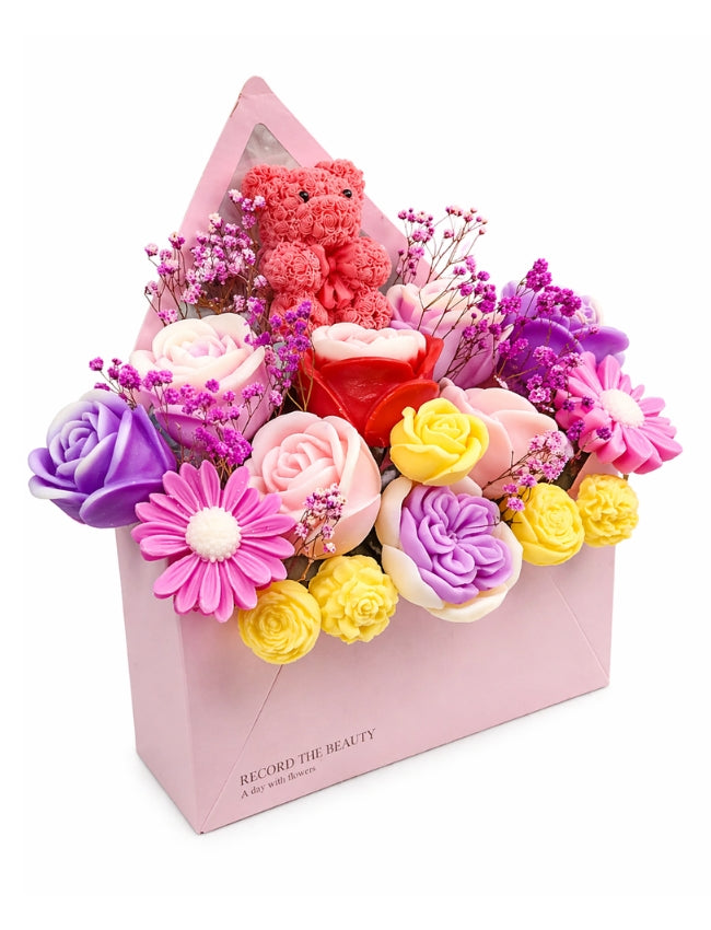 Pink envelope wax melt gift box with teddy bear candle and floral wax melts