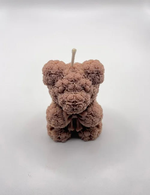 Brown teddy bear soy wax candle with rose detail