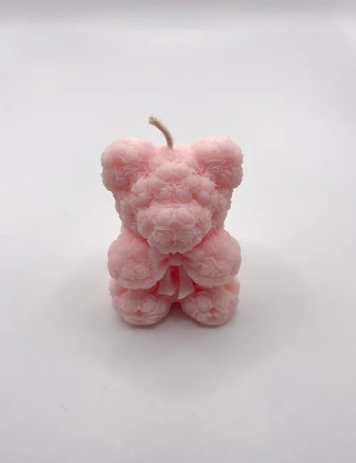 Light pink teddy bear soy wax candle with rose detail