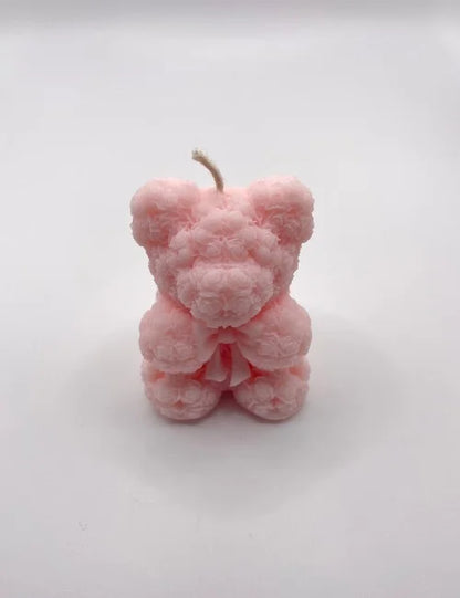 Light pink teddy bear soy wax candle with rose detail