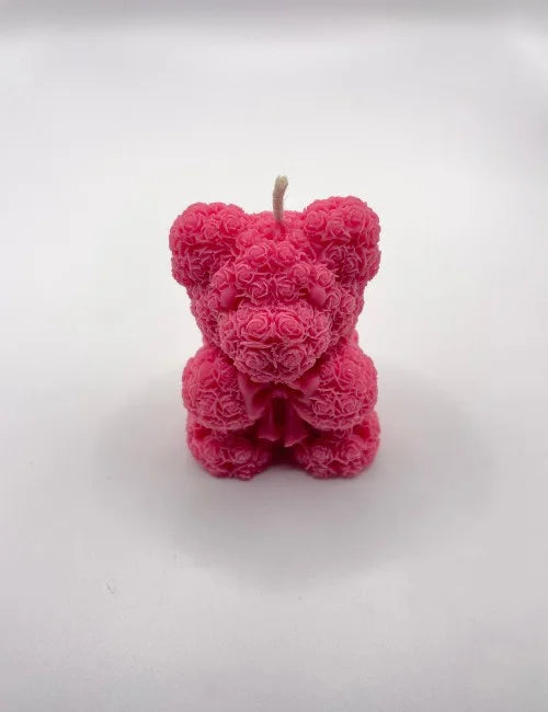 Pink teddy bear soy wax candle with rose detail