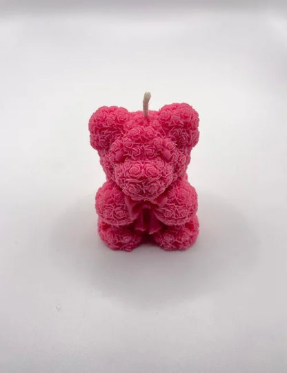 Pink teddy bear soy wax candle with rose detail