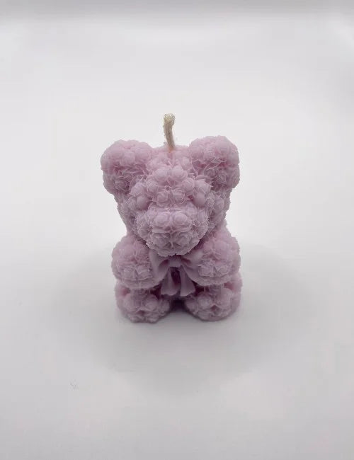 Purple teddy bear soy wax candle with rose detail