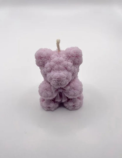 Purple teddy bear soy wax candle with rose detail
