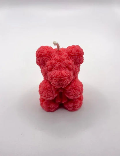 Red teddy bear soy wax candle with rose detail