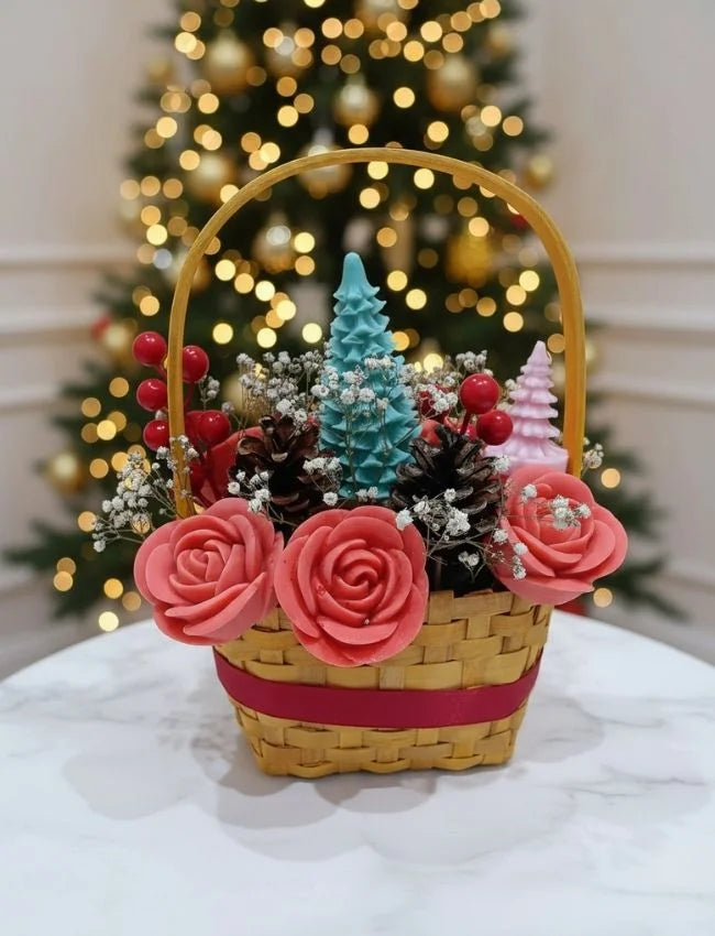 Christmas candle bouquet in festive gift basket
