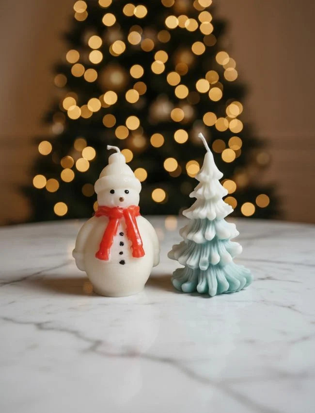 Festive snowman and Christmas tree candle gift set