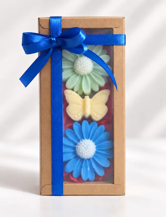 Decorative Soy Wax Melt Gift Box in kraft window box with blue ribbon