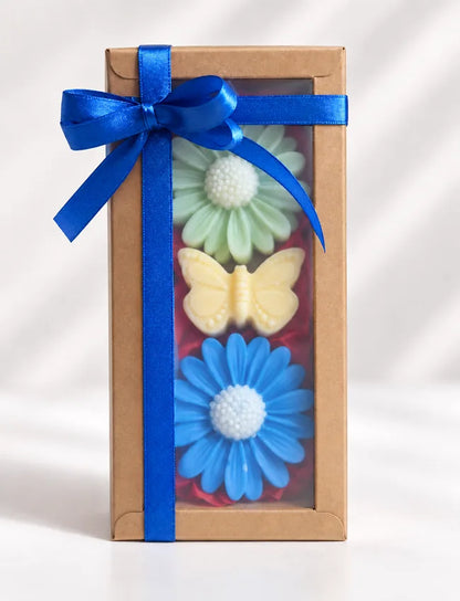 Decorative Soy Wax Melt Gift Box in kraft window box with blue ribbon