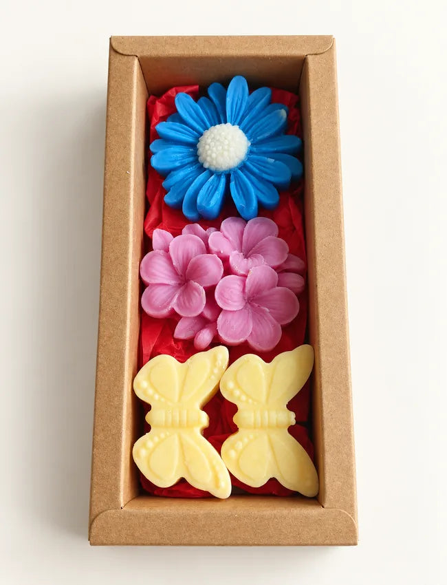 Open Decorative Soy Wax Melt Gift Box with blue daisy, pink flowers and yellow butterflies