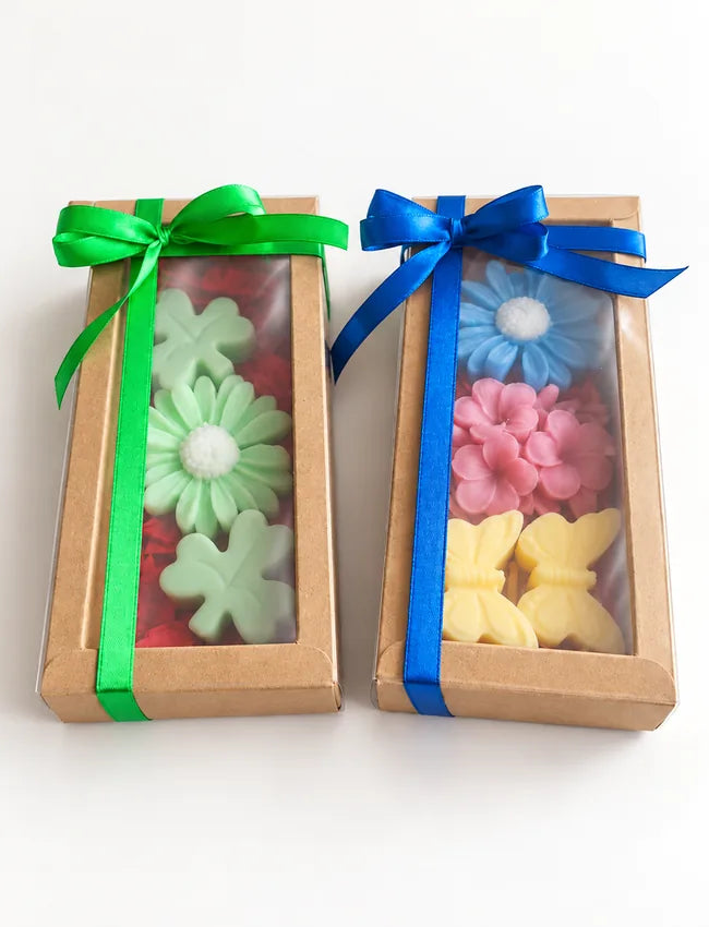 Two Decorative Soy Wax Melt Gift Boxes with green and blue ribbon colour combinations