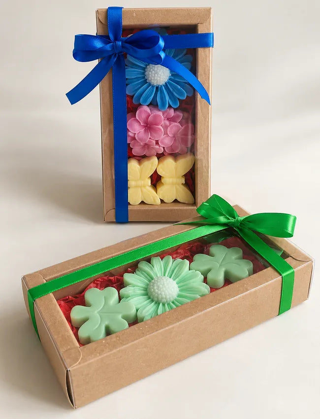 Decorative Soy Wax Melt Gift Boxes showing floral, butterfly and lucky Irish-inspired melt shapes