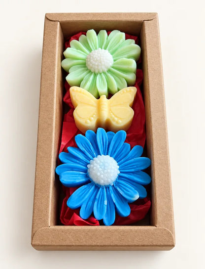 Open Decorative Soy Wax Melt Gift Box with green daisy, yellow butterfly and blue daisy melts