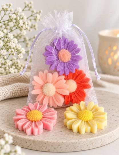 Decorative Soy Wax Melts in organza bag with colourful daisy flower melts