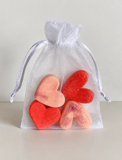 Heart shaped decorative soy wax melts in assorted colours in organza bag