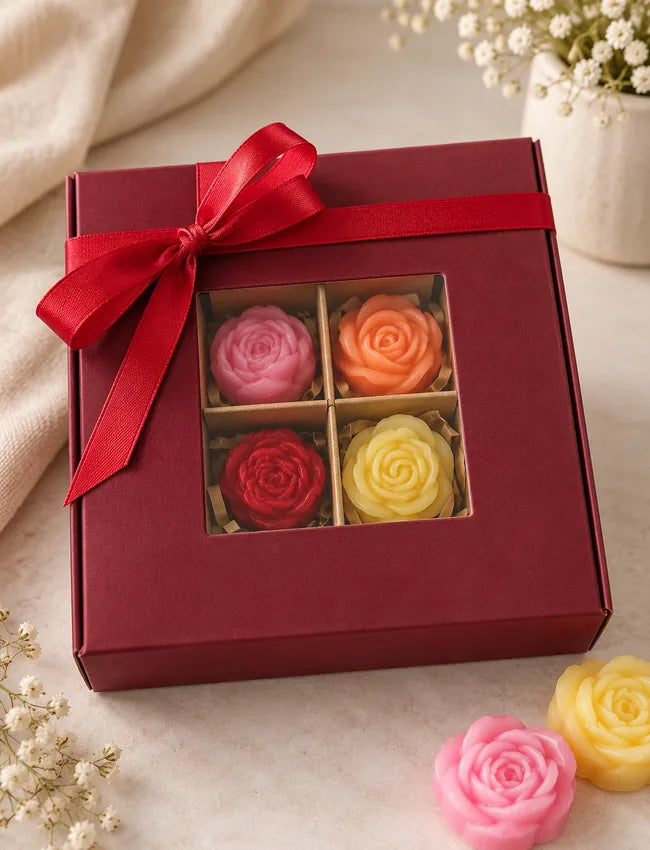 Deluxe 16-Piece Soy Wax Melt Gift Box with burgundy window box, ribbon and floral wax melts