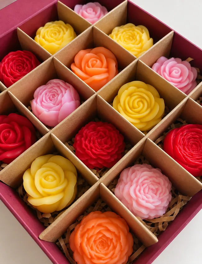 Close-up of colourful floral soy wax melts arranged in individual compartments