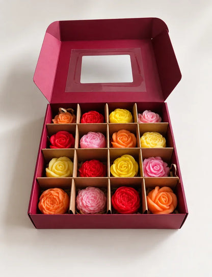 Open Deluxe 16-Piece Soy Wax Melt Gift Box filled with colourful floral wax melts