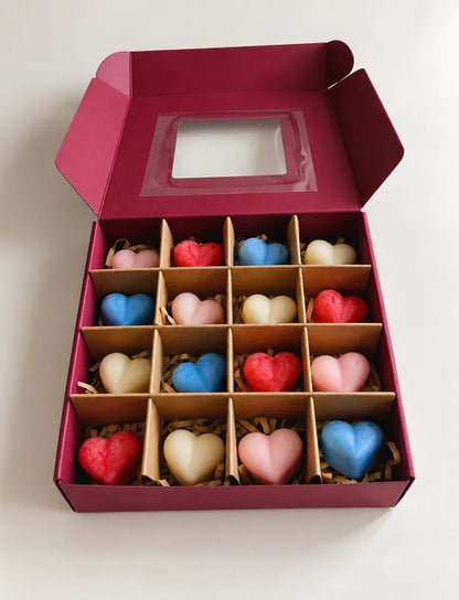 Open Deluxe 16-Piece Soy Wax Melt Gift Box filled with colourful heart-shaped wax melts