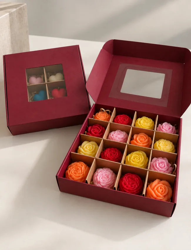 Deluxe 16-Piece Soy Wax Melt Gift Box shown open with floral melts and a closed heart melt box