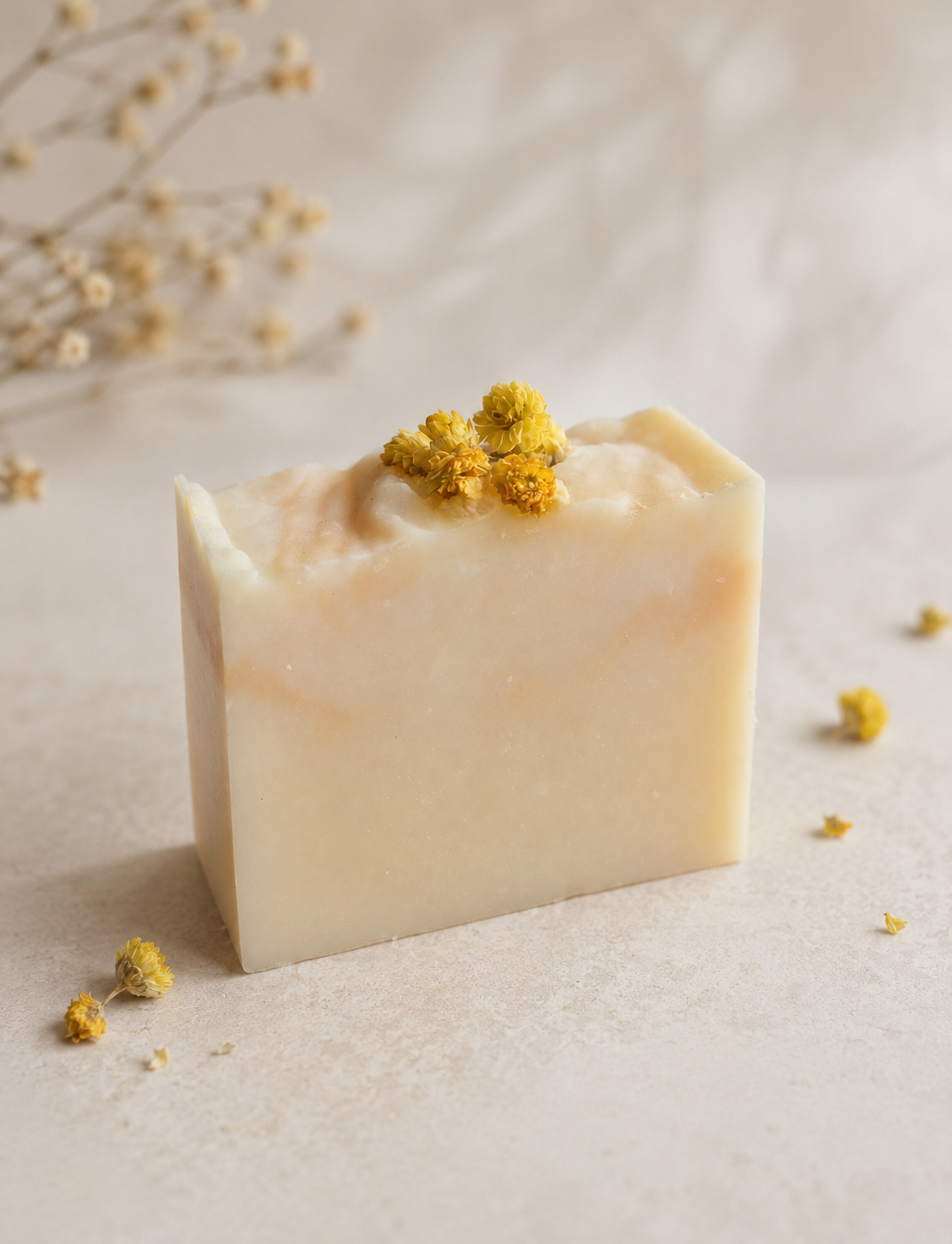 Eternal Mimosa handmade soap with yellow dried flowers