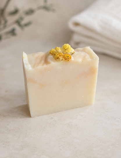 Eternal Mimosa handmade soap in soft neutral bathroom setting