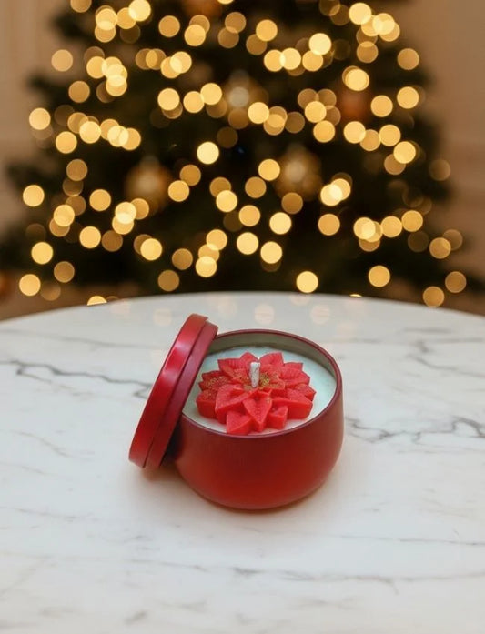 Christmas Bloom soy candle with poinsettia detail