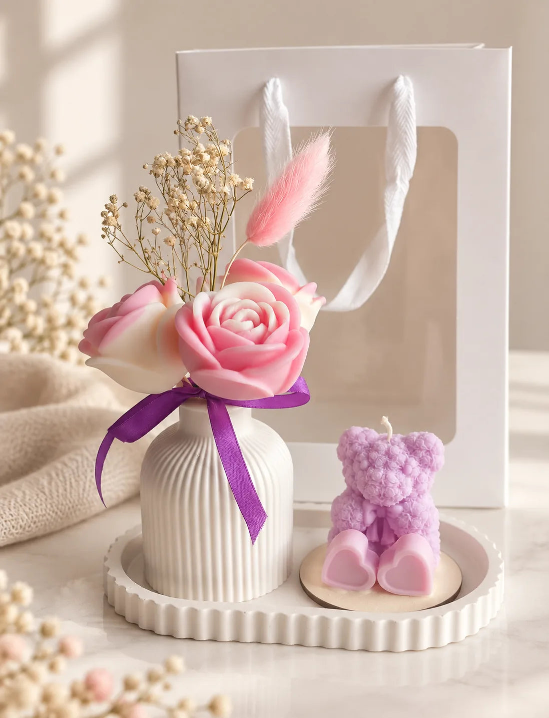 Handcrafted Rose & Teddy Luxury Gift Set with white tray, rose vase and teddy bear candle