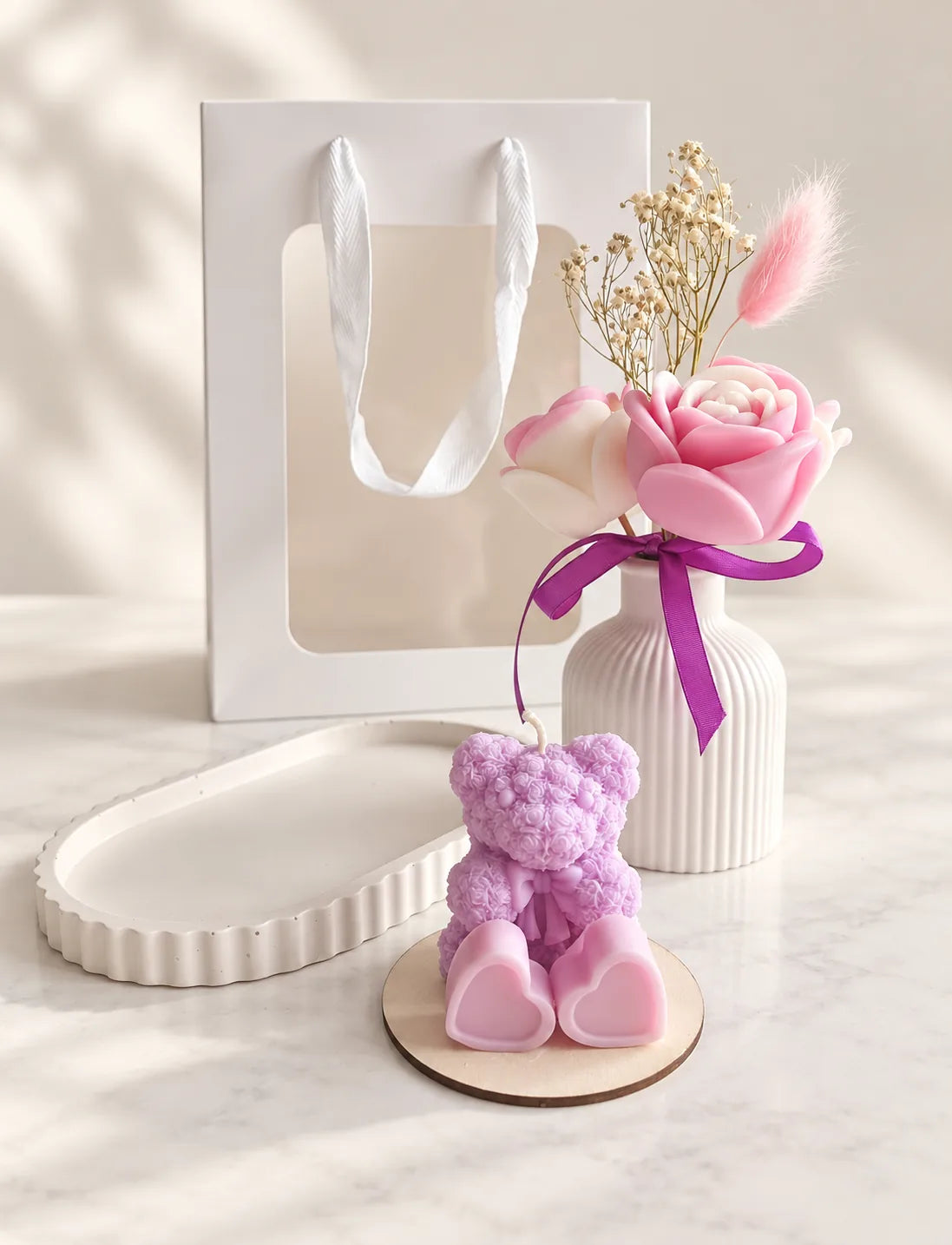 Handcrafted Rose & Teddy Luxury Gift Set with tray, vase bouquet, teddy candle and gift bag