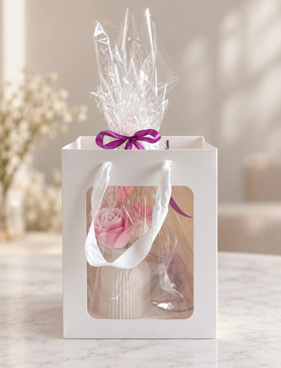 Handcrafted Rose & Teddy Luxury Gift Set packed in white window gift bag