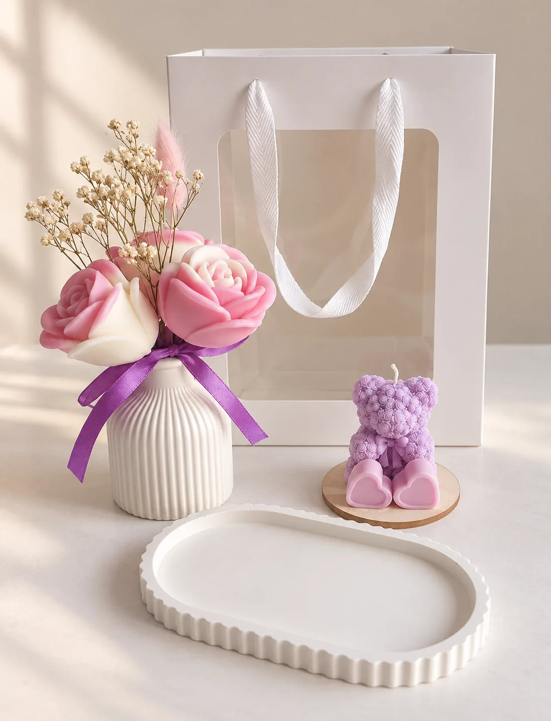 Handcrafted Rose & Teddy Luxury Gift Set components with white tray, wax rose vase, teddy candle and gift bag