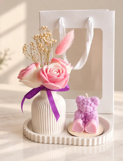 Handcrafted Rose & Teddy Luxury Gift Set with white tray, vase roses and purple teddy bear candle