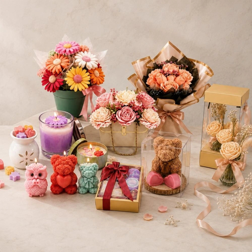 Selection of handmade AuraBliss wax flower bouquets in Ireland