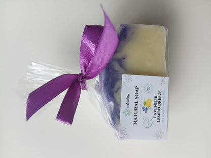 Single wrapped soap bar with a purple ribbon and front label