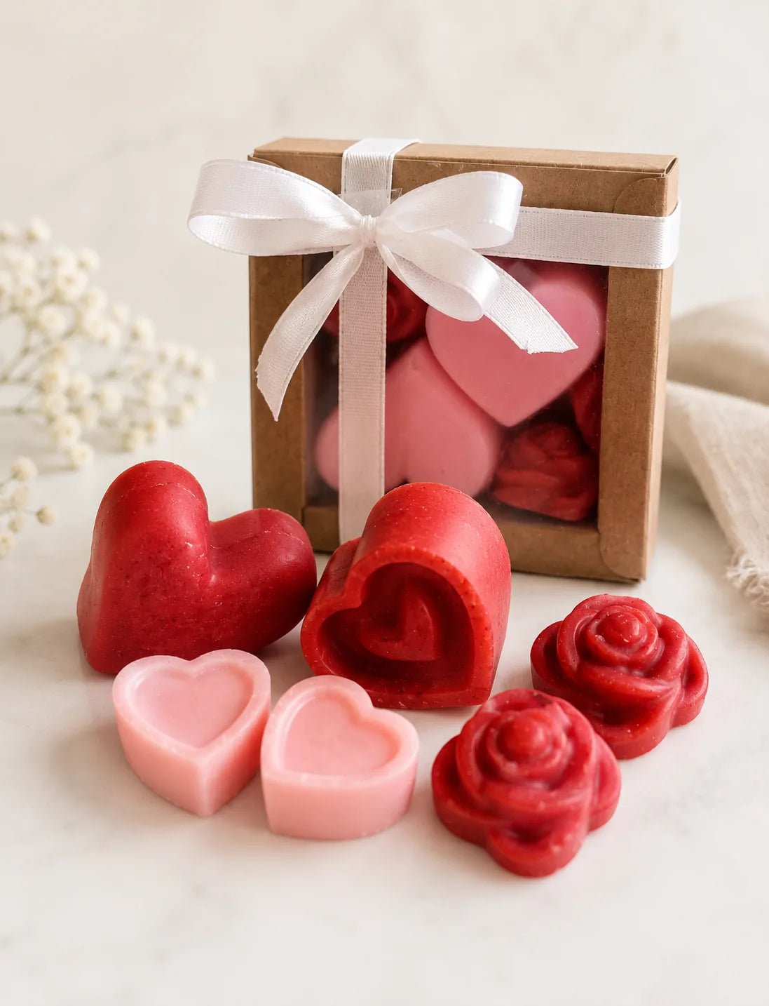 Love & Roses wax melt gift box with ribbon and heart-shaped wax melts