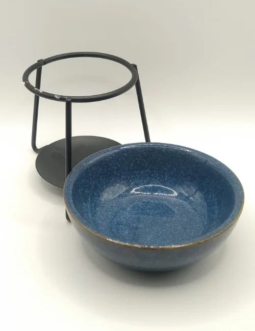 Midnight Blue Ceramic Wax Burner with a removable bowl and metal stand
