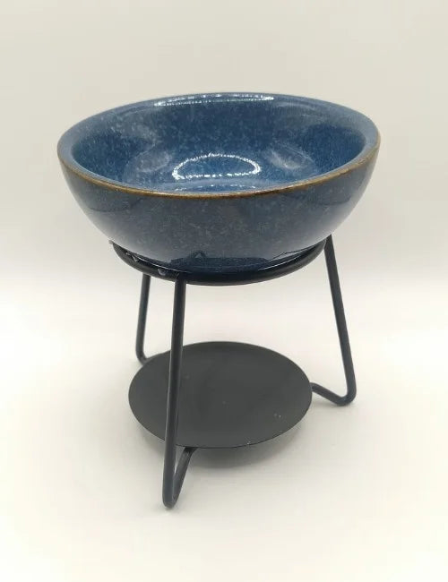 Midnight Blue Ceramic Wax Burner with a sleek metal stand