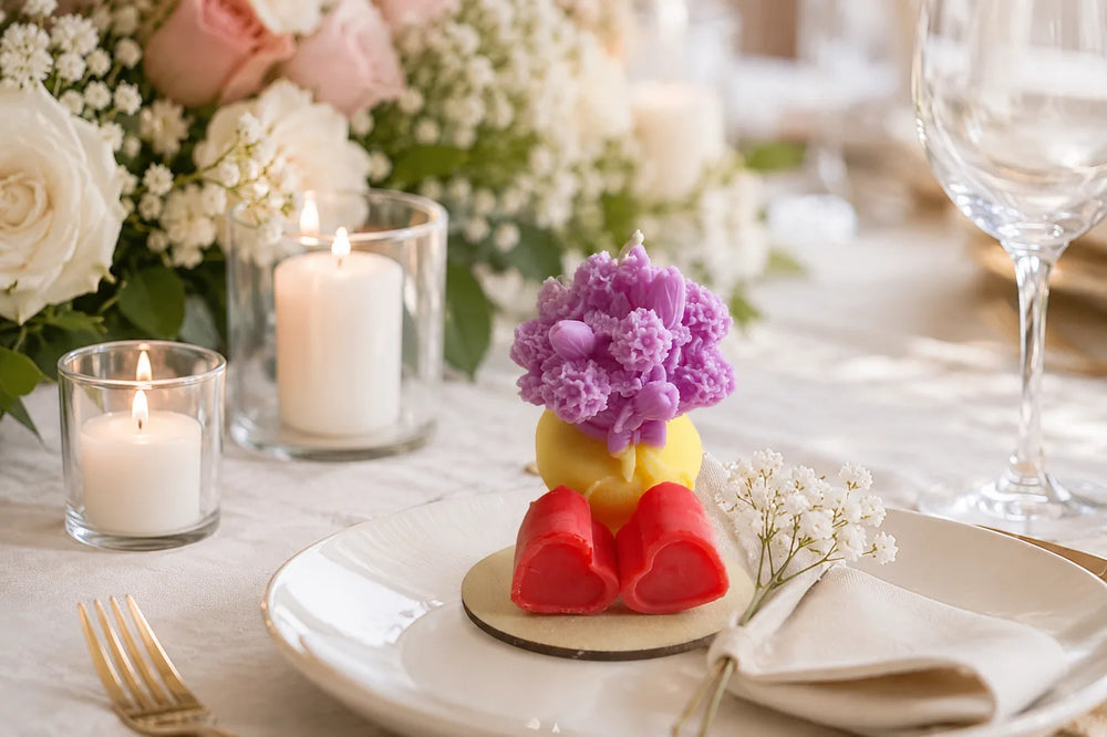 Rose bouquet candle wedding favour styled on a romantic wedding table