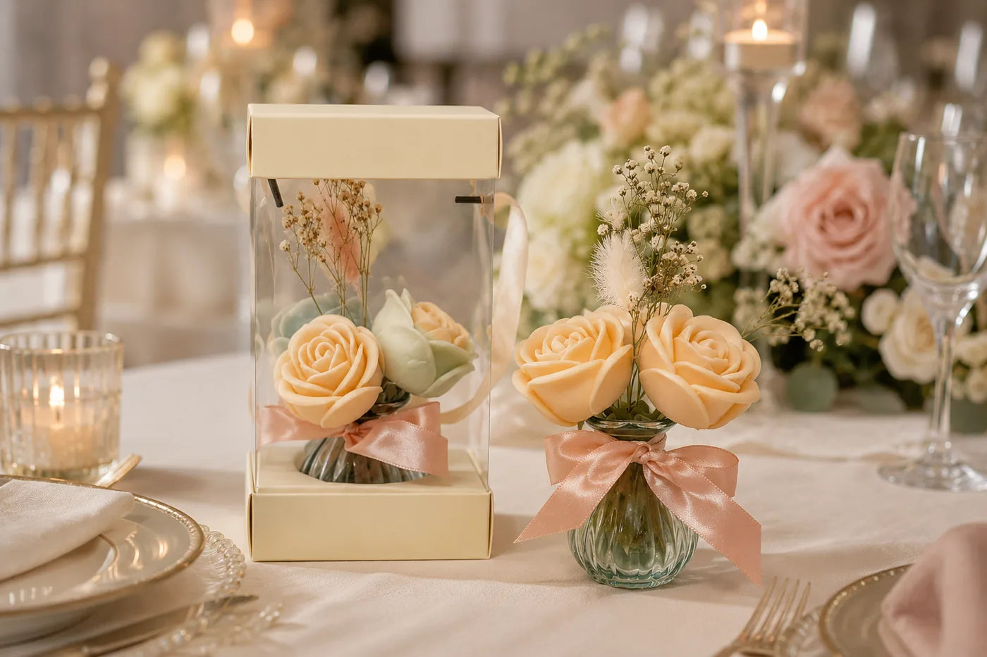 Rose wax flower vase wedding gift with gift box styled on an elegant reception table
